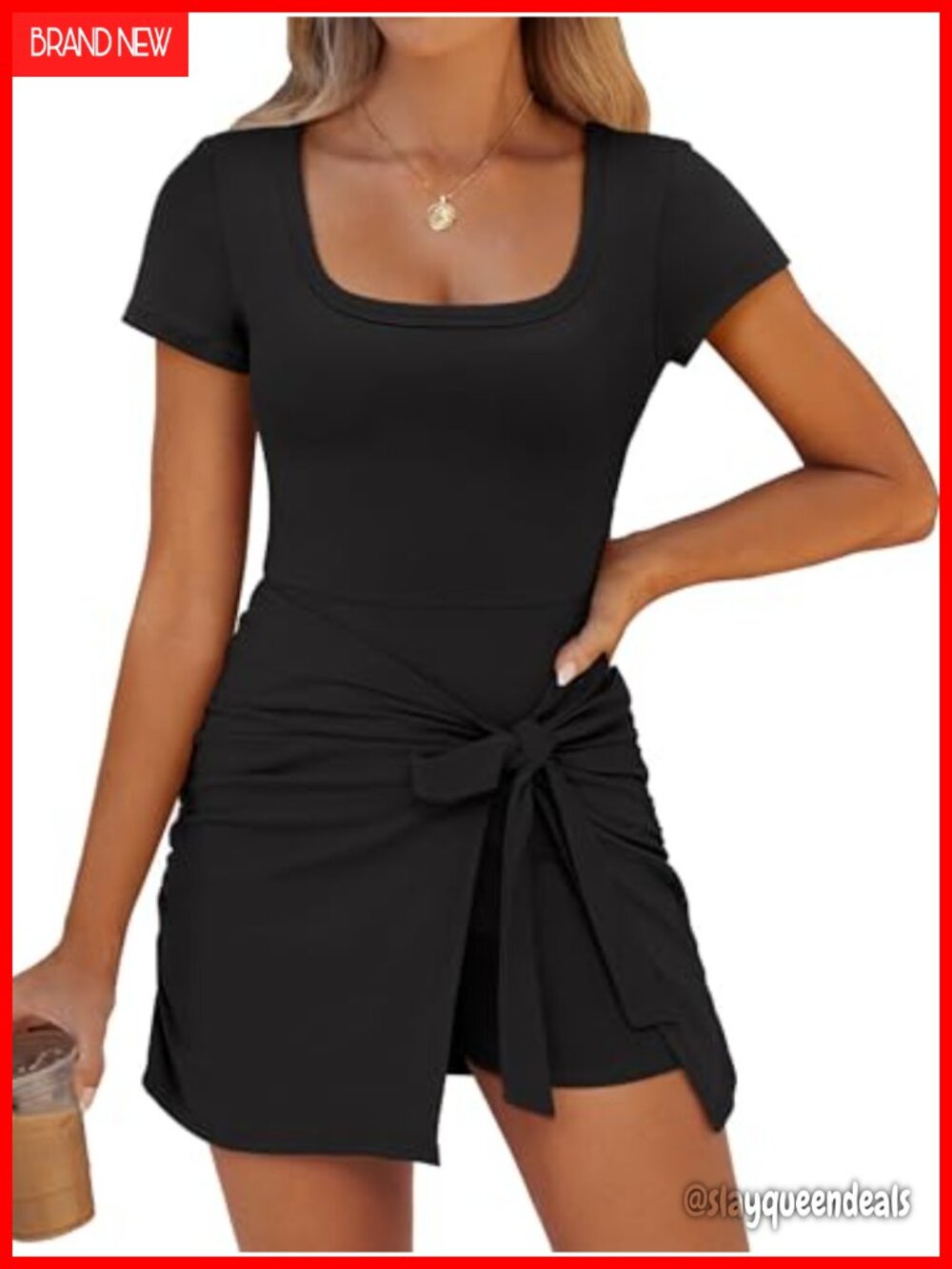 Square Neck Short Sleeve Bodycon Romper Mini Dress Tie Waist
